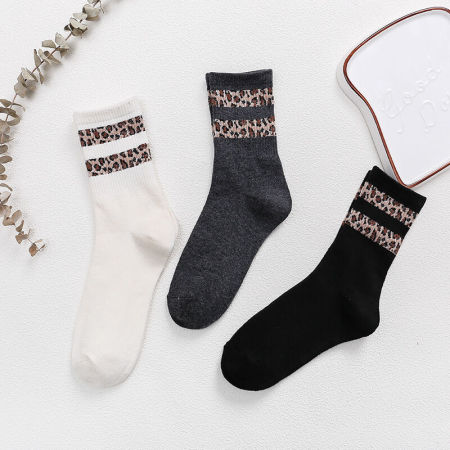 Chaussettes mi-mollet rétro à rayures unies et imprimé léopard pour femmes 2