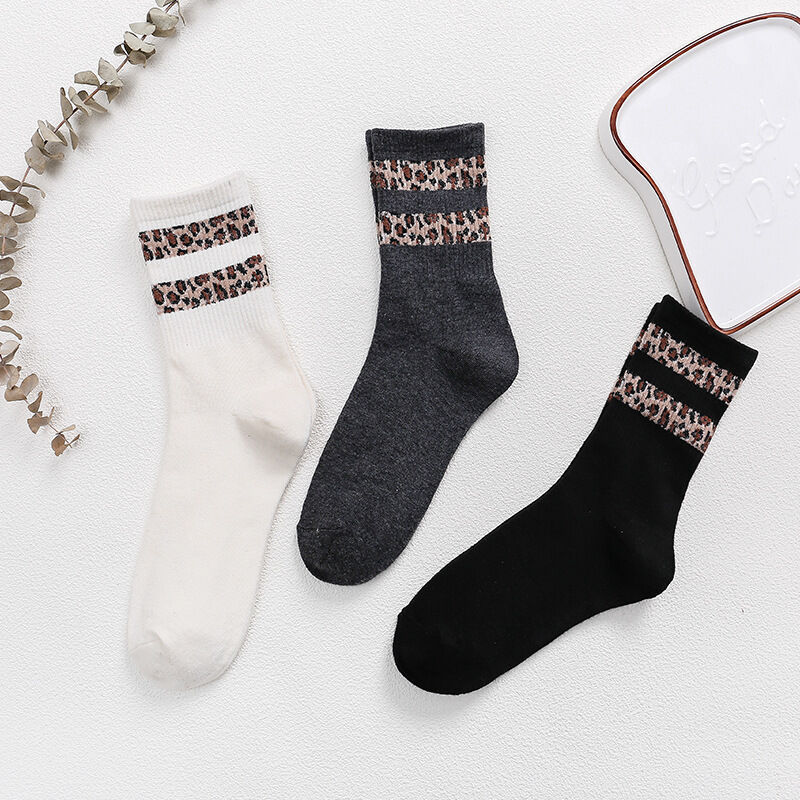 Chaussettes Mi-Mollet Rétro À Rayures Unies Et Imprimé Léopard Pour Femmes h5Image2