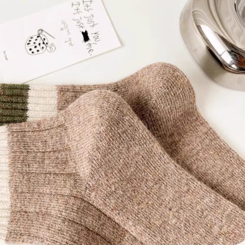 Chaussettes Mi-Mollet À Rayures Basiques Et Contraste De Couleurs Pour Femmes, Légèrement Rebondissantes Image4