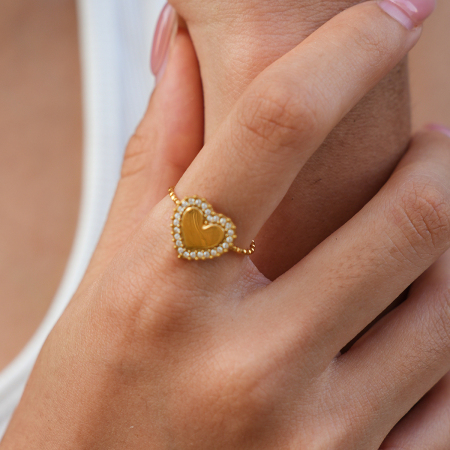 Bagues Simple Series Daily Heart en acier inoxydable étanche couleur or avec strass 2