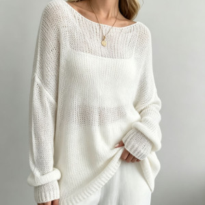 Pull Décontracté Uni En Maille Acrylique Transparente Et Ample h5