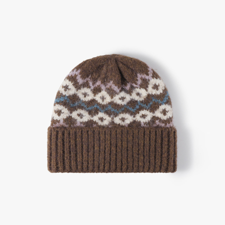 Bonnet tricoté pour femme, style rétro, multicolore, à motif géométrique, en laine et polyester mélangés.