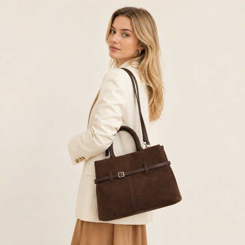 Sacs À Main Carrés Pour Femmes En Daim Uni, Style Bureau, Avec Quincaillerie En Métal Image5