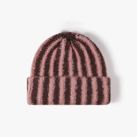Bonnet tricoté femme en polyester à rayures multicolores décontractées