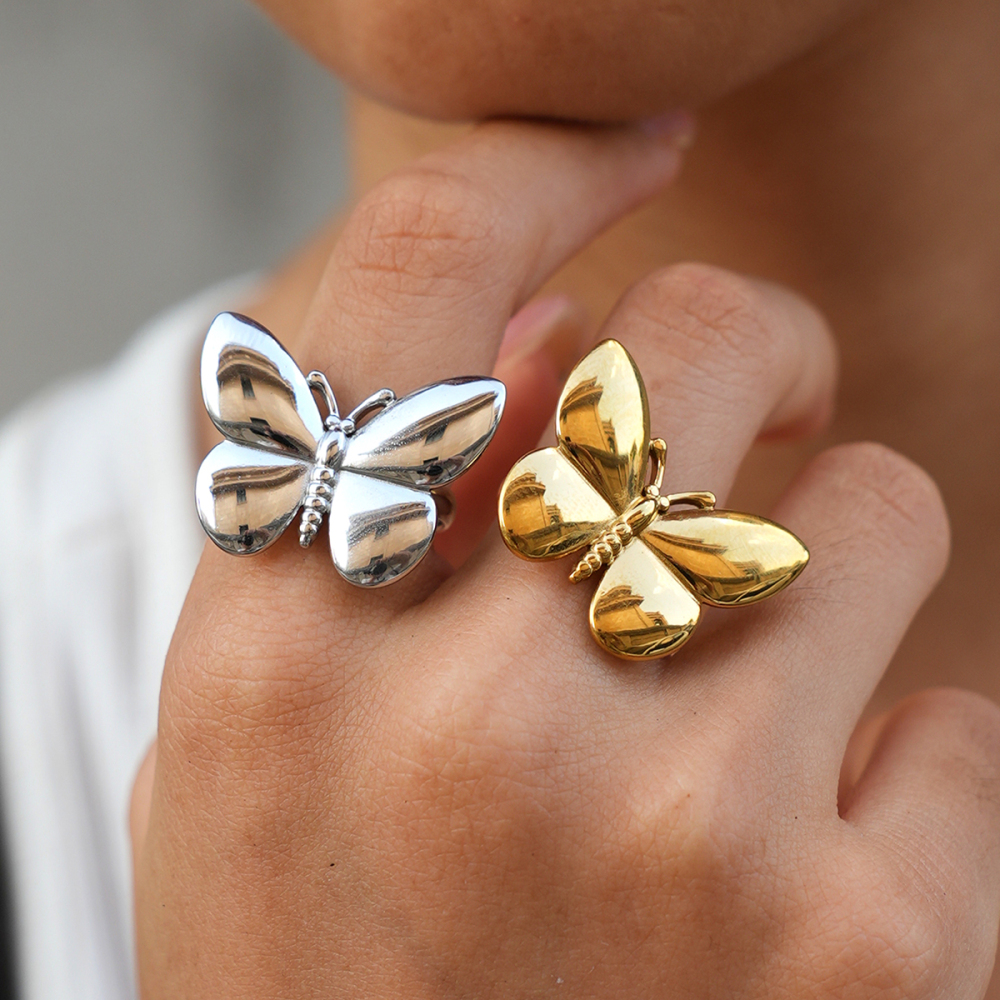 Bagues Tendance Simple Series Daily Butterfly En Acier Inoxydable Étanche Couleur Or Image4