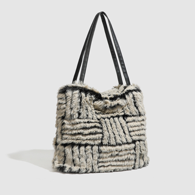 Sacs À Bandoulière Carrés Pour Femmes, Style Décontracté, En Imitation Fourrure À Rayures Duveteuses Image2