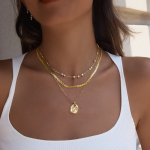 Ensembles De Colliers Pour Femmes En Acier Inoxydable Imperméable, Motif Marteau Rétro, Couleur Or Et Zircon. h5 Image4