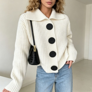 Cardigan Rétro Uni À Boutons En Maille Droite h5 Image3