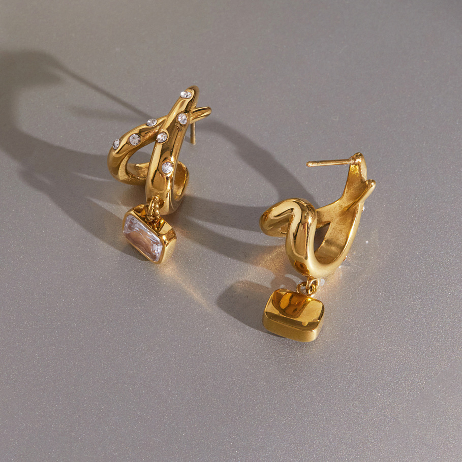 Boucles D'Oreilles Pendantes Pour Femme, Forme Géométrique, En Acier Inoxydable, Couleur Or, Étanches, Ornées De Strass Et De Zircon. Image3
