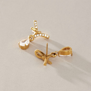 Boucles D'Oreilles Pendantes Pour Femme En Acier Inoxydable Doré, Imperméables, Avec Nœud Papillon, Strass Et Zircon. h5 Image3