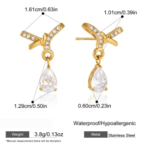 Boucles D'Oreilles Pendantes Pour Femme En Acier Inoxydable Doré, Imperméables, Avec Nœud Papillon, Strass Et Zircon. h5
