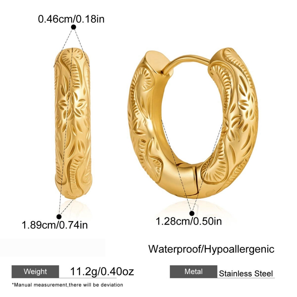 Boucles D'Oreilles Créoles Rétro À Motif Floral En Acier Inoxydable Étanche Pour Femmes 