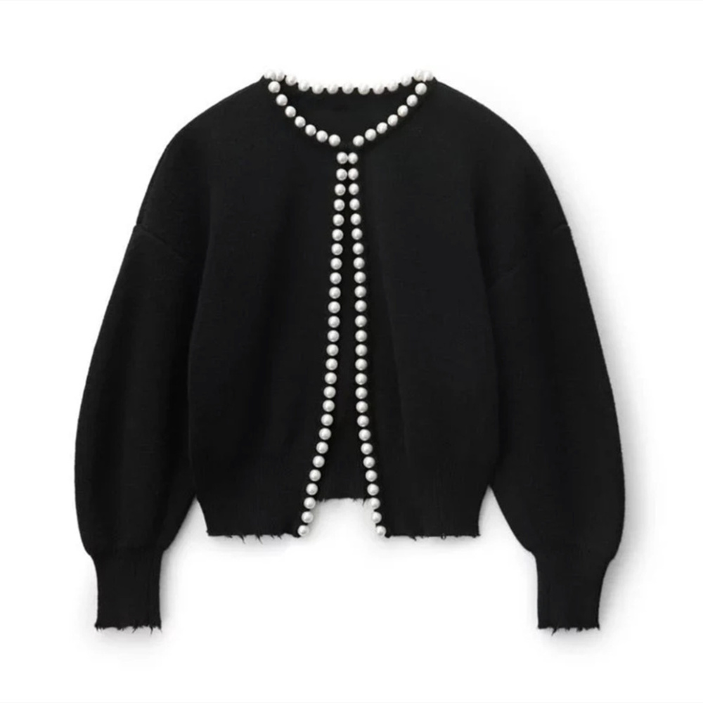 Pull Élégant Uni À Col Rond Droit Orné De Perles Et Cardigan En Maille 