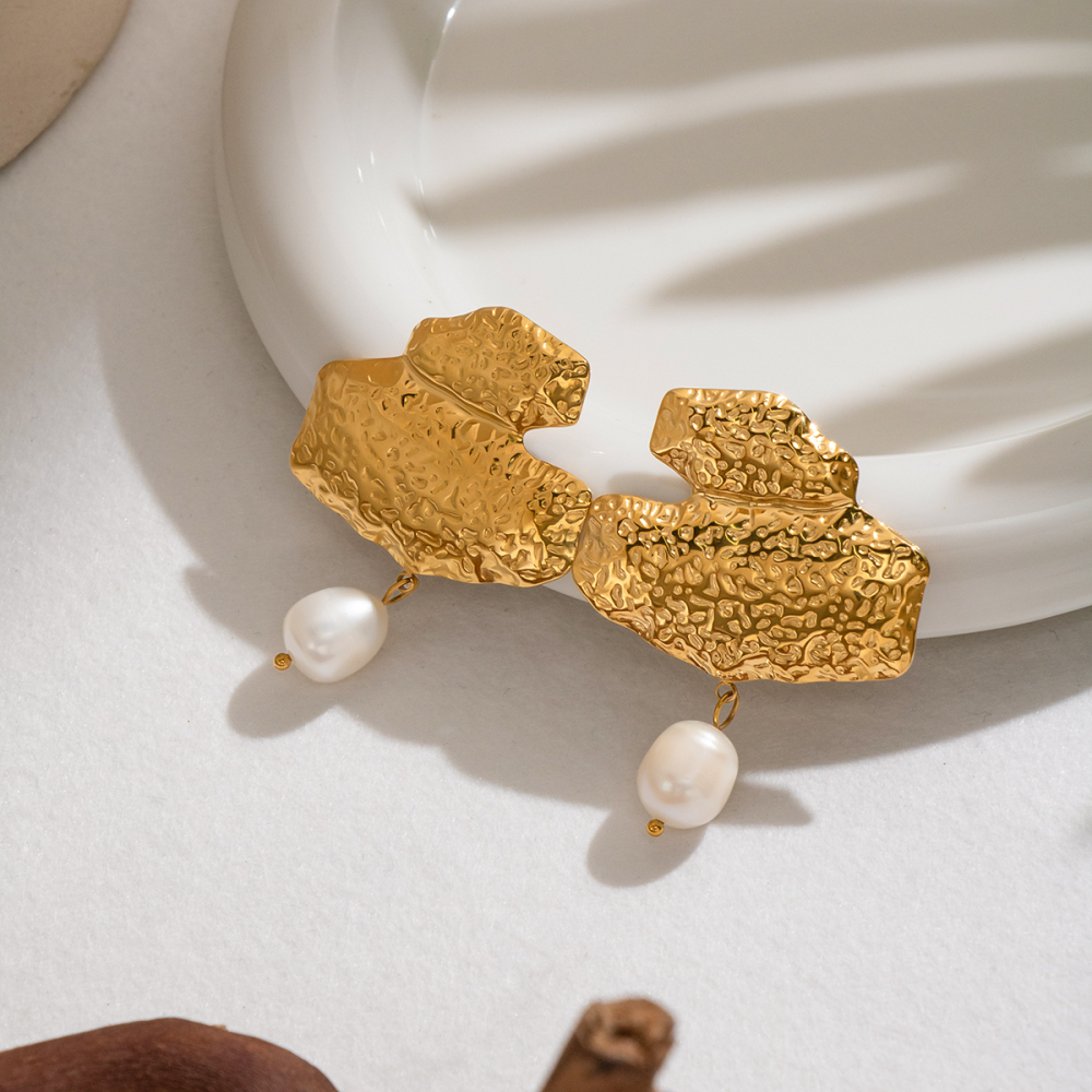 Boucles D'Oreilles Pendantes Pour Femme, En Acier Inoxydable Doré, Forme Géométrique, Imperméables, Perles D'Eau Douce Image5