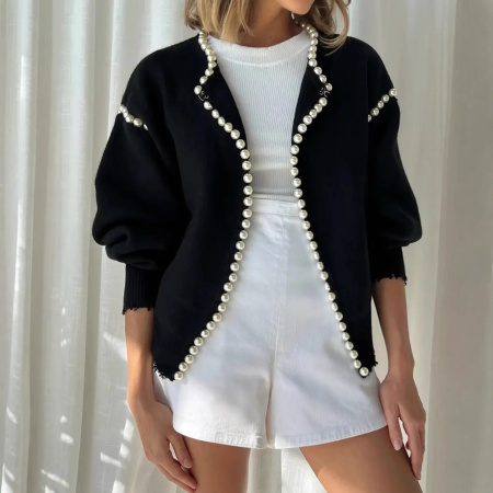 Pull élégant uni à col rond droit orné de perles et cardigan en maille