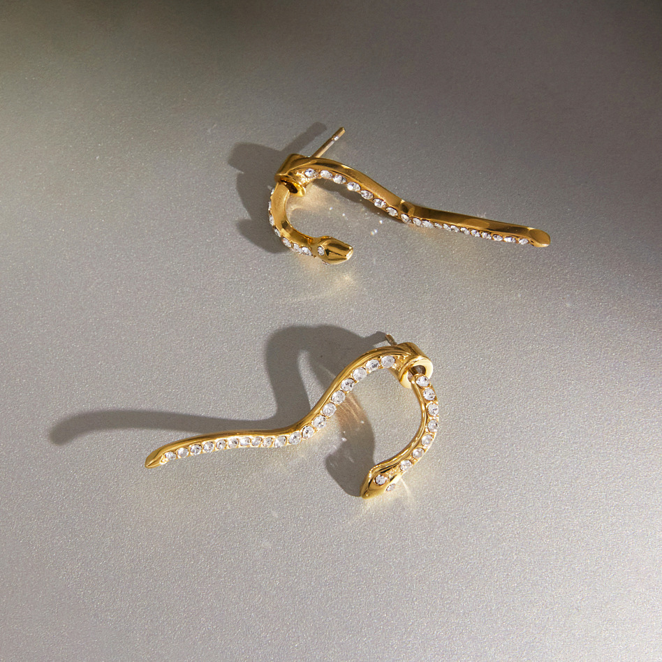 Boucles D'Oreilles Puces Pour Femmes En Acier Inoxydable Doré, Forme Serpent, Étanches, Ornées De Strass Image4