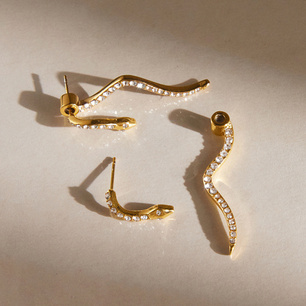 Boucles D'Oreilles Puces Pour Femmes En Acier Inoxydable Doré, Forme Serpent, Étanches, Ornées De Strass Image3