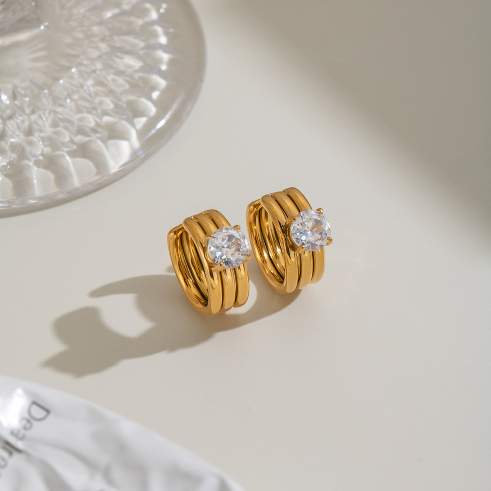 Boucles D'Oreilles Manchette Pour Femmes En Acier Inoxydable Étanche, Couleur Or, En Forme De C, Ornées De Zircon. Image3