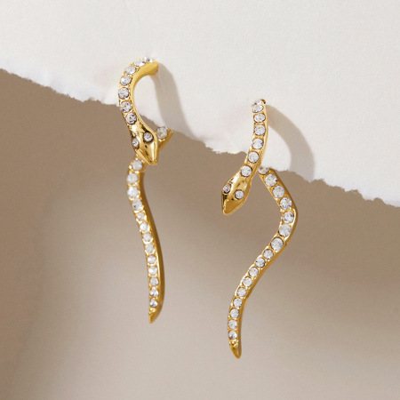 Boucles d'oreilles puces pour femmes en acier inoxydable doré, forme serpent, étanches, ornées de strass