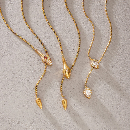 Colliers pendentifs pour femmes en acier inoxydable, forme serpent, couleur or, strass et zircon, étanches 2