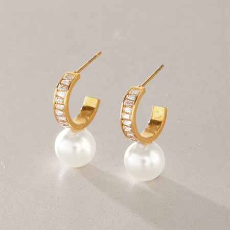 Boucles d'oreilles puces élégantes pour femmes, en acier inoxydable imperméable, avec zircon et perles artificielles.