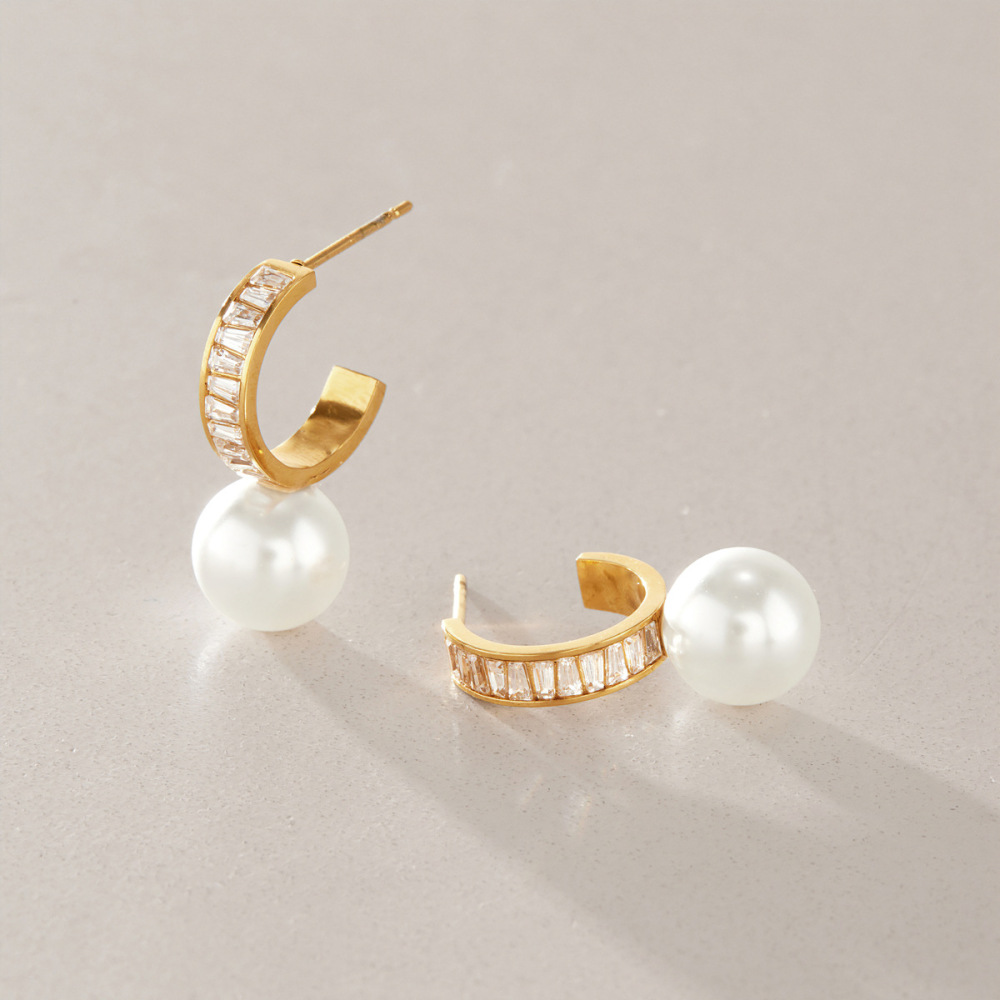 Boucles D'Oreilles Puces Élégantes Pour Femmes, En Acier Inoxydable Imperméable, Avec Zircon Et Perles Artificielles. h5Image2