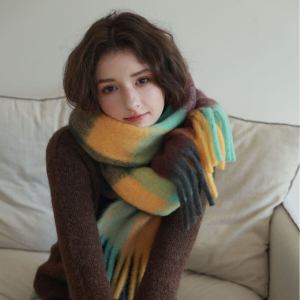 Écharpes D'Hiver En Laine Et Polyester Mélangés, À Carreaux Doux Et Pompons, De La Série Simple h5 Image6