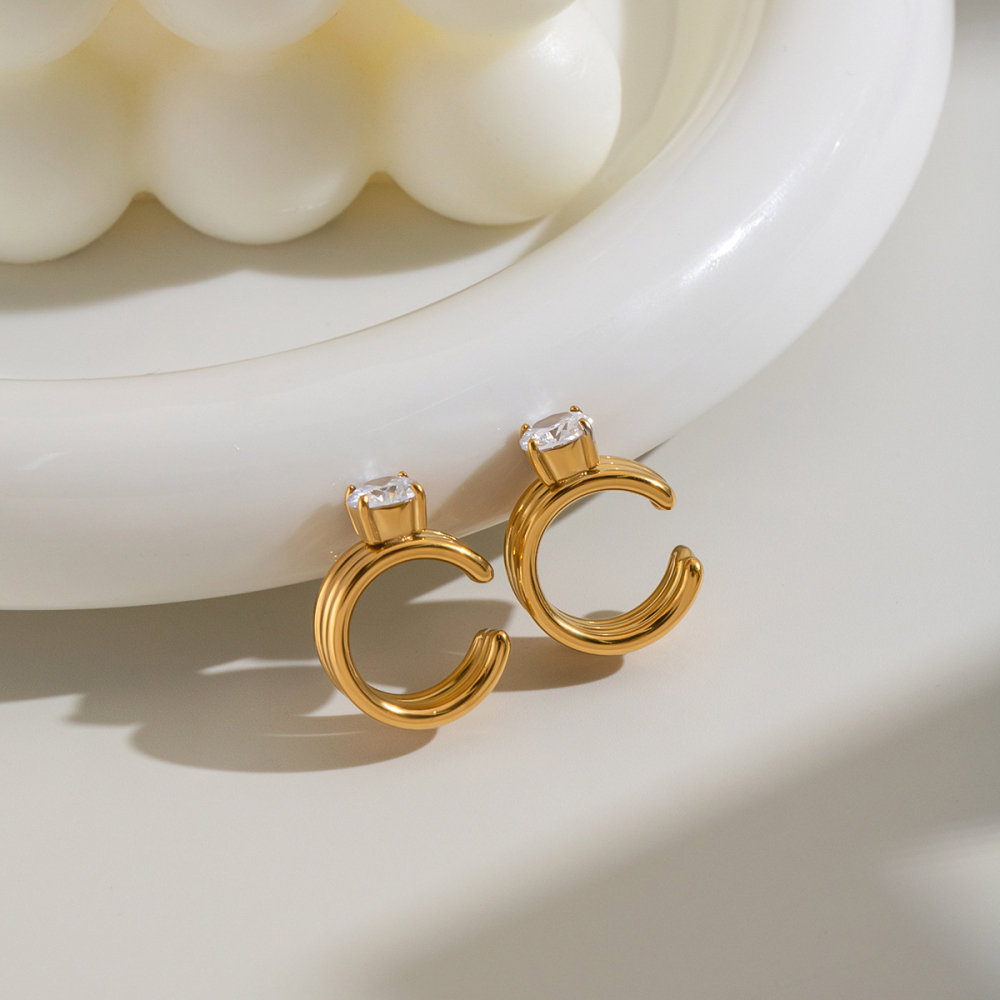 Boucles D'Oreilles Manchette Pour Femmes En Acier Inoxydable Étanche, Couleur Or, En Forme De C, Ornées De Zircon. Image5