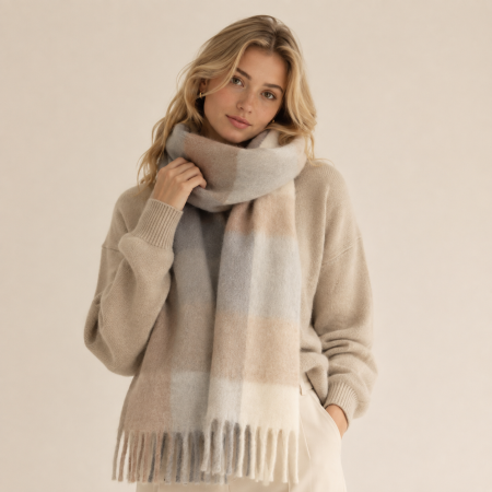 Écharpes d'hiver en laine et polyester mélangés, à carreaux doux et pompons, de la série Simple 2