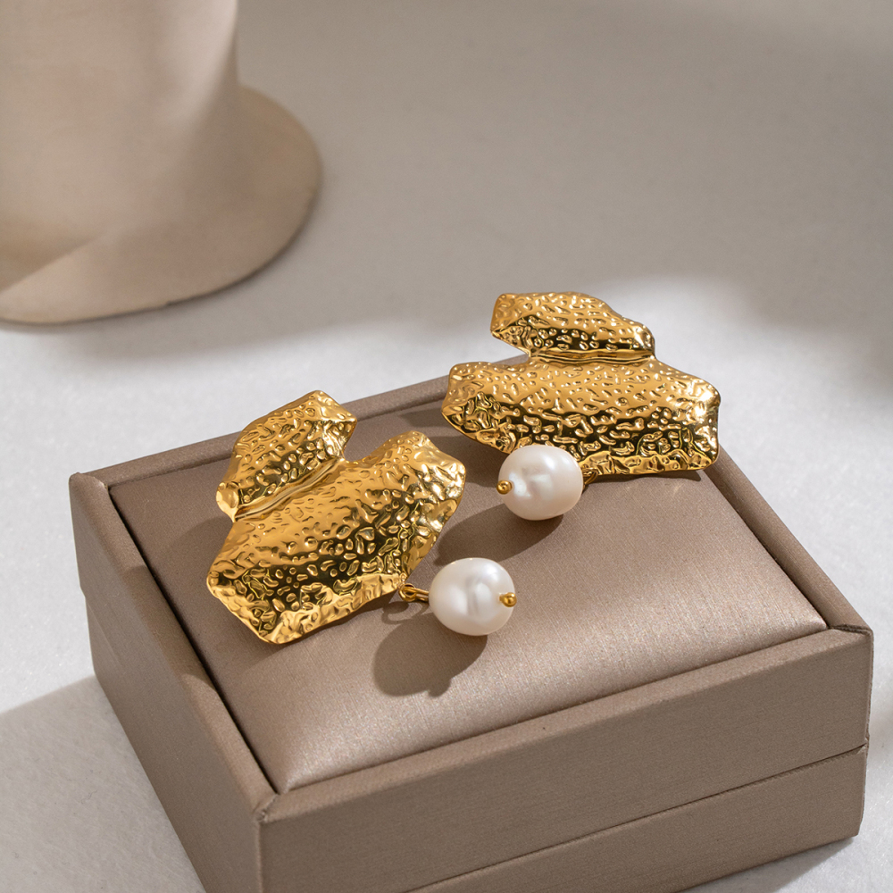 Boucles D'Oreilles Pendantes Pour Femme, En Acier Inoxydable Doré, Forme Géométrique, Imperméables, Perles D'Eau Douce Image4