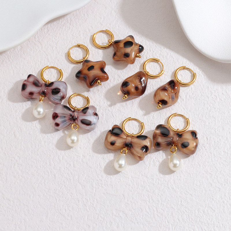 Boucles D'Oreilles Pendantes Pour Femme, Style Rétro, Nœud Papillon, Imprimé Léopard, En Acier Inoxydable, Couleur Or, Étanches, Collection Romantique Image2