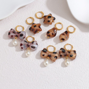 Boucles D'Oreilles Pendantes Pour Femme, Style Rétro, Nœud Papillon, Imprimé Léopard, En Acier Inoxydable, Couleur Or, Étanches, Collection Romantique h5 Image2