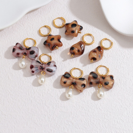 Boucles d'oreilles pendantes pour femme, style rétro, nœud papillon, imprimé léopard, en acier inoxydable, couleur or, étanches, collection romantique 2