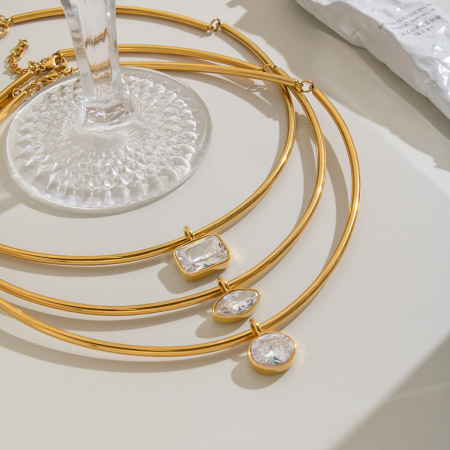 Colliers pendentifs pour femmes en acier inoxydable de forme géométrique, étanches, couleur or et zircon