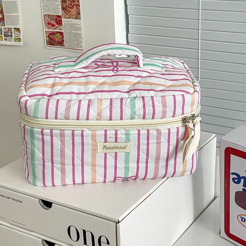 Trousse À Maquillage En Coton Rayé Multicolore Avec Nœud Papillon Pour Femme 
