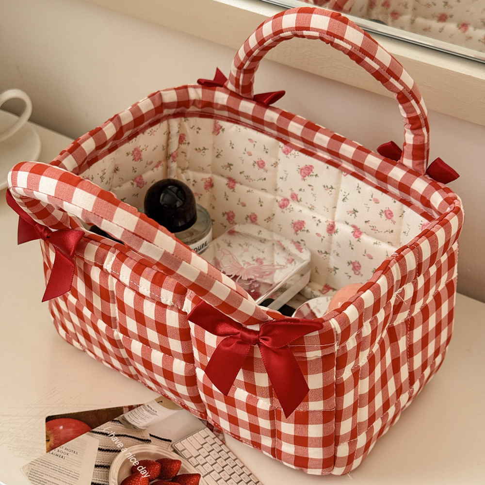 Sac De Rangement En Coton À Carreaux Avec Nœud Papillon, Collection Romantique Image4