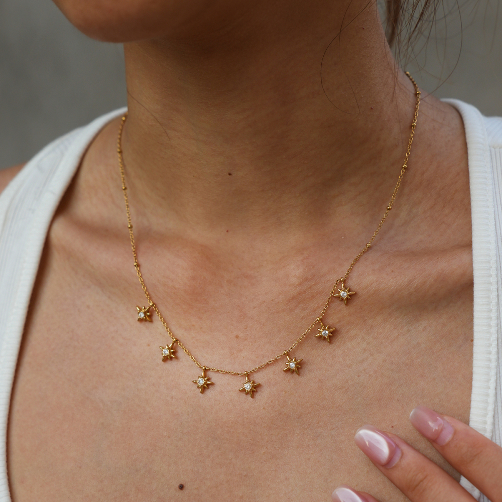 Colliers Pendentifs Unisexes Simple Series Daily Star En Acier Inoxydable, Étanches, Couleur Or Et Strass Image2