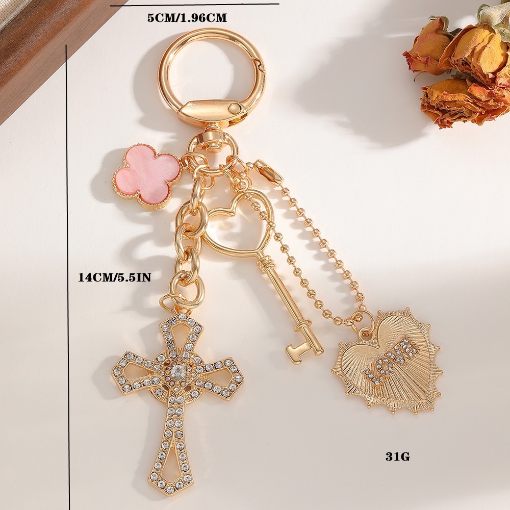 Porte-Clés Luxueux Et Décontracté En Forme De Cœur Et De Croix, Avec Cadenas Trèfle Et Strass, En Alliage. 