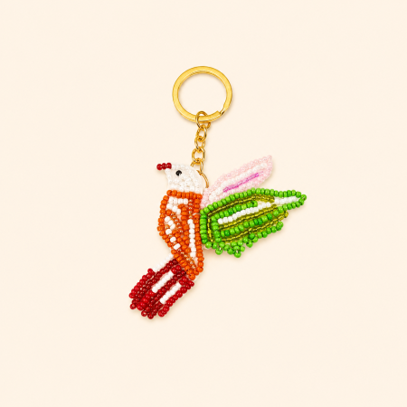 Porte-clés en perles de rocaille, style océanique, floral, animal et nourriture, couleurs mélangées, tissé, avec oiseaux, coquillages et teckel.