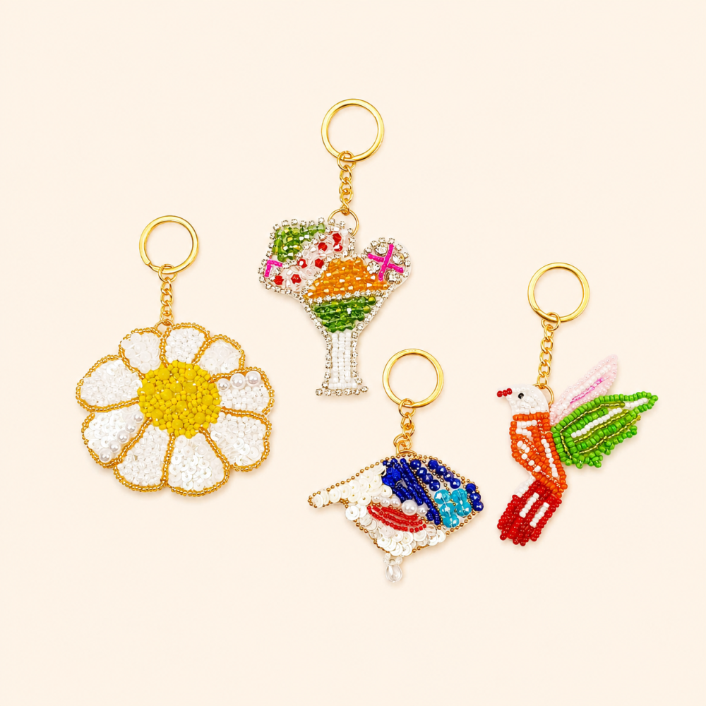 Porte-Clés En Perles De Rocaille, Style Océanique, Floral, Animal Et Nourriture, Couleurs Mélangées, Tissé, Avec Oiseaux, Coquillages Et Teckel. Image3