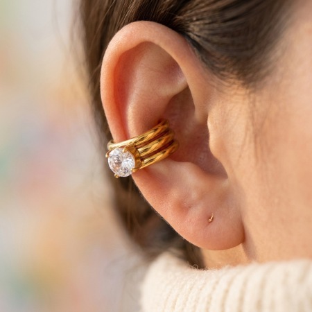 Boucles d'oreilles manchette pour femmes en acier inoxydable étanche, couleur or, en forme de C, ornées de zircon.