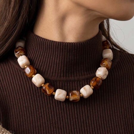 Colliers de perles rétro simples, dégradé de couleurs, en acrylique doré pour femmes 2