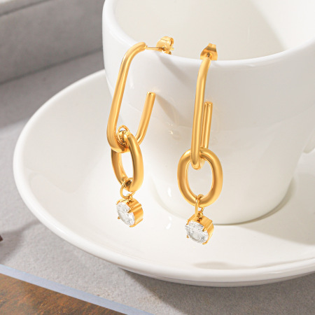 Boucles d'oreilles pendantes pour femmes en acier inoxydable étanche, couleur or, avec zircon. 2