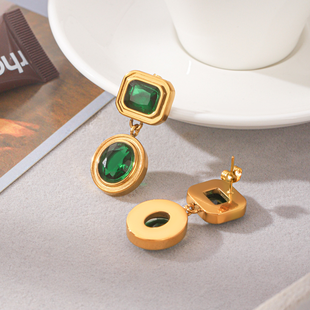 Boucles D'Oreilles Pendantes Rectangulaires Pour Femmes, En Acier Inoxydable Étanche, Couleur Or, Avec Zircon. Image4