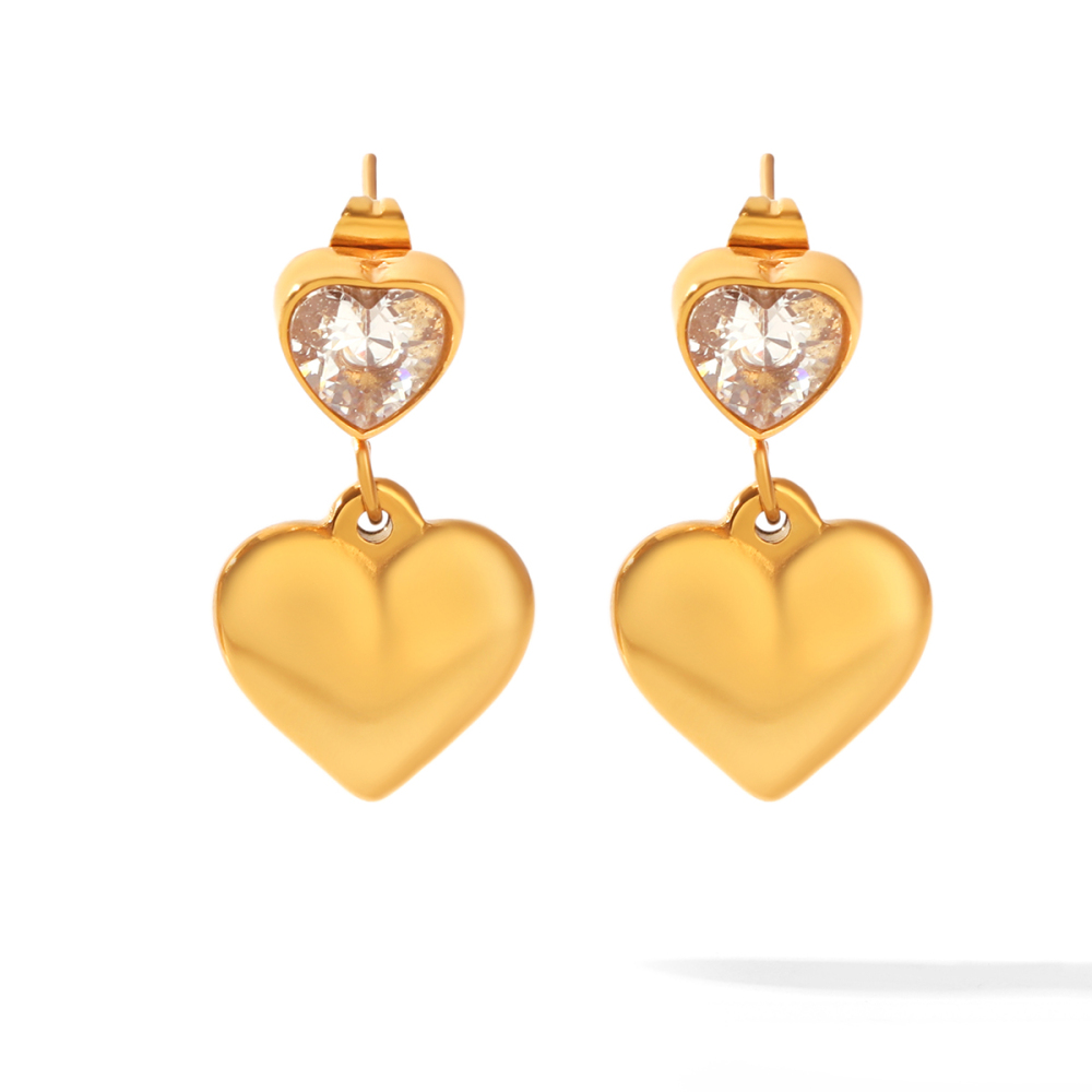 Boucles D'Oreilles Pendantes Pour Femme En Acier Inoxydable, Imperméables, Couleur Or, Avec Zircon Et Motif Cœur 