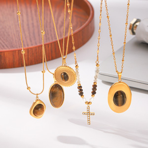 Colliers Pour Femmes Avec Pendentif En Forme De Croix Et D'Ellipse, En Acier Inoxydable, Couleur Or, Pierre Naturelle Et Zircon. h5 Image3