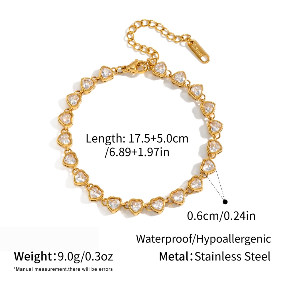 Bracelet Chaîne Femme En Acier Inoxydable Doré Avec Zircon Et Motif Cœur Simple, Collection Luxueuse 