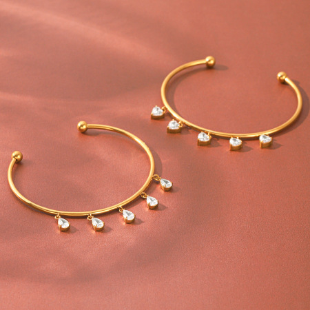 Bracelet Manchette Pour Femme En Acier Inoxydable Étanche, Couleur Or, Avec Zircon.