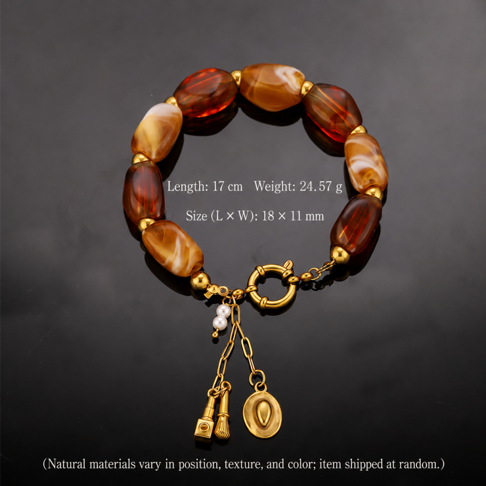 Bracelet Classique Et Élégant Pour Femme, En Acier Inoxydable Imperméable, Perles Dégradées, Couleur Or Et Pierres Naturelles.