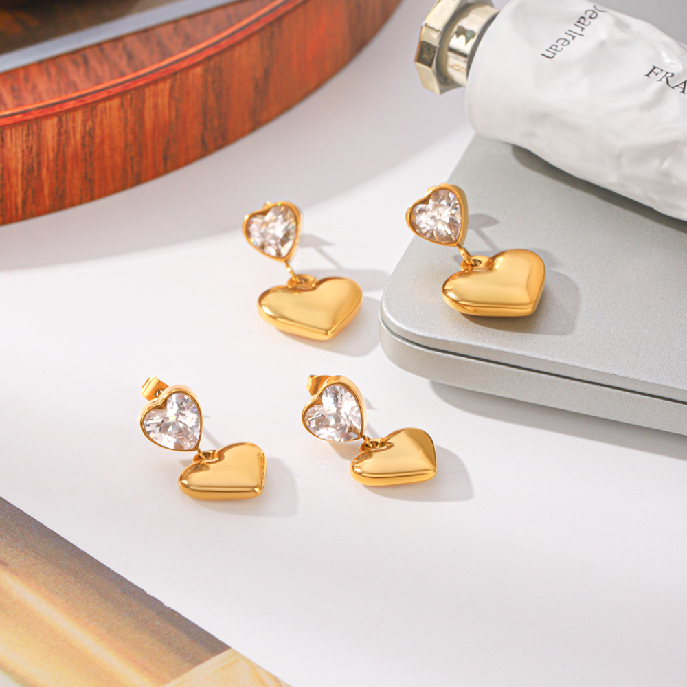 Boucles D'Oreilles Pendantes Pour Femme En Acier Inoxydable, Imperméables, Couleur Or, Avec Zircon Et Motif Cœur Image4